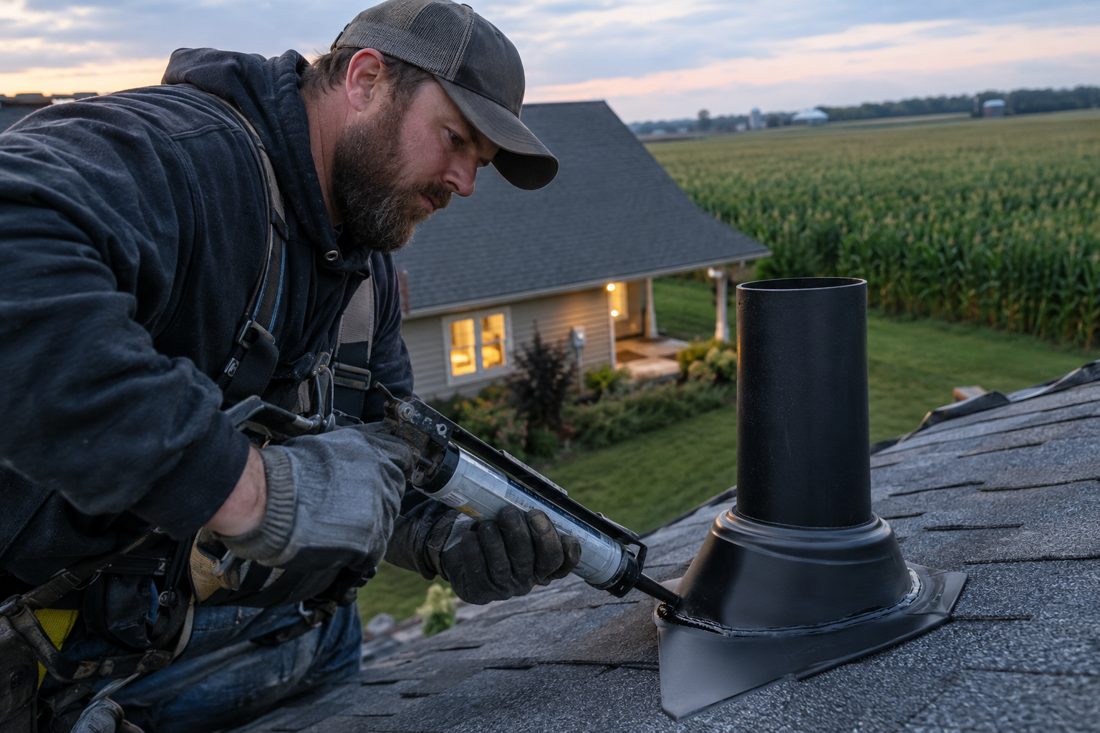 A new pipe boot being sealed on the roof at a rural Iowa ranch home with cornfields behind it in Center Point, IA