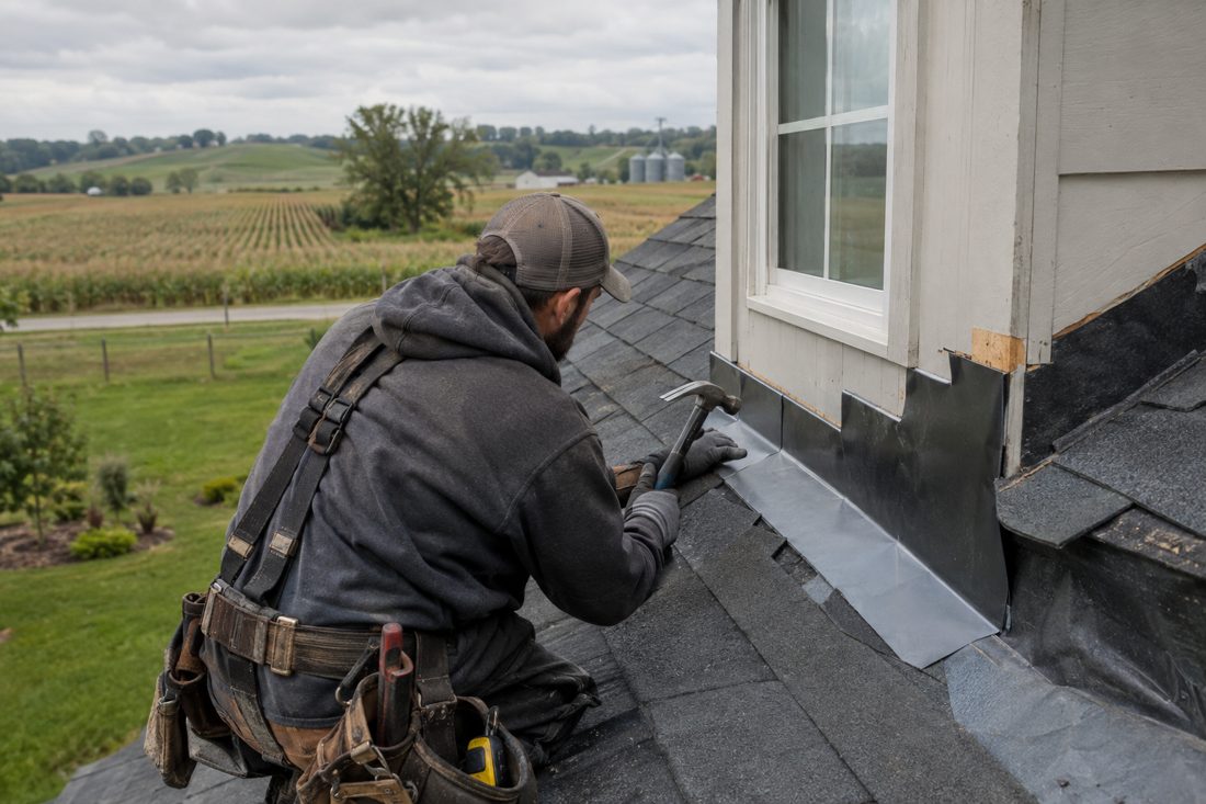 A roofer installing step flashing along a dormer wall at a rural Iowa ranch home with cornfields behind it in Center Point, IA