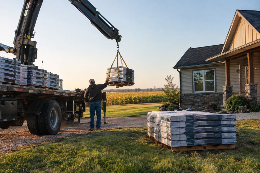 Pallets of shingle bundles delivered by a boom truck at a rural Iowa ranch home with cornfields behind it in Center Point, IA