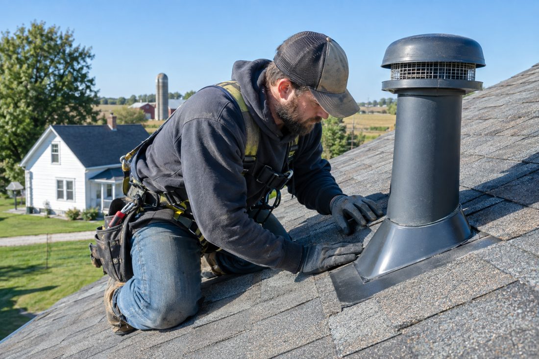 Close view of a roofer checking flashing beside a vent on an asphalt-shingle roof at an Alburnett farmhouse in Alburnett, IA