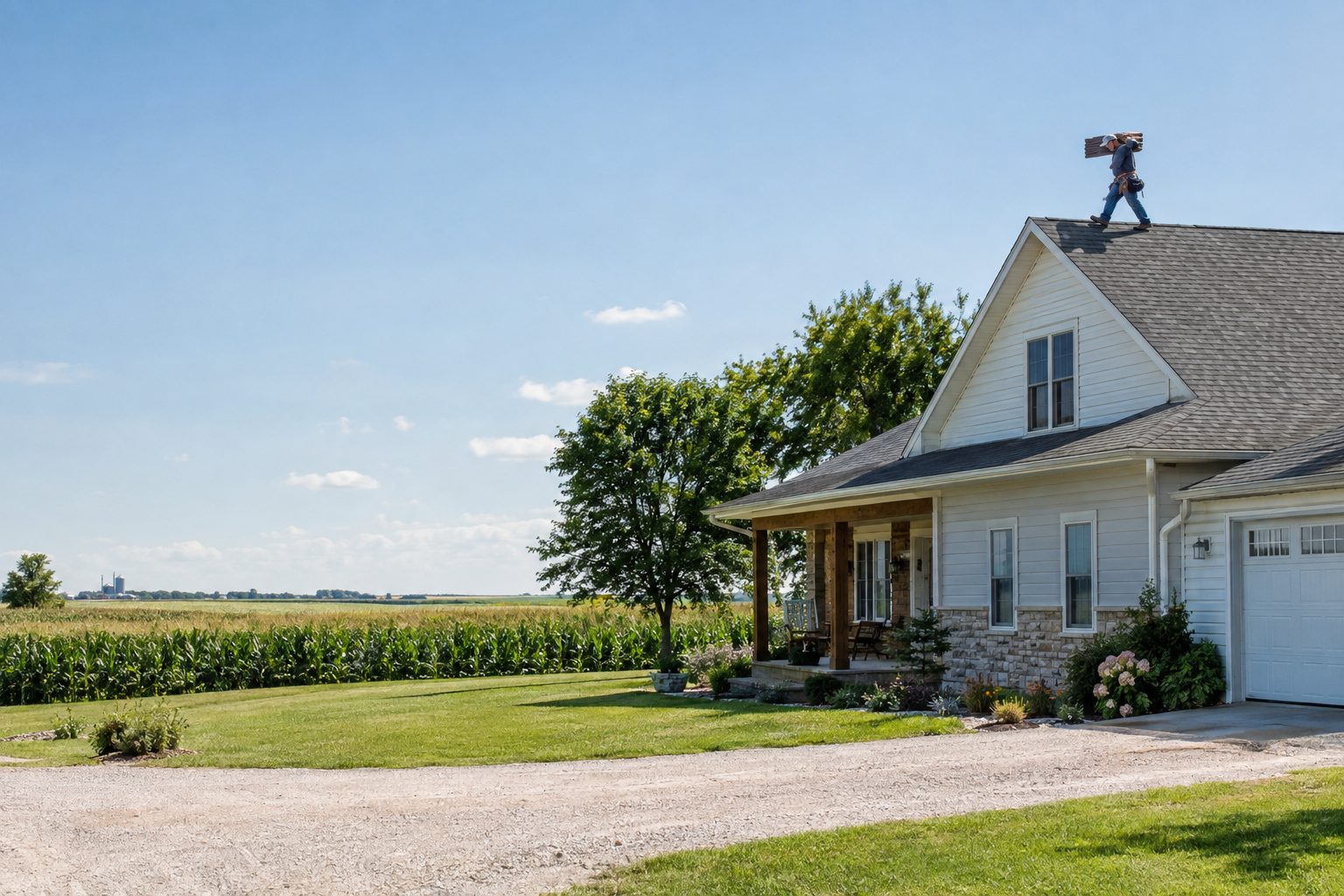 A roofer walking the ridge carrying a shingle bundle, wide street view at a rural Iowa ranch home with cornfields behind it in Center Point, IA