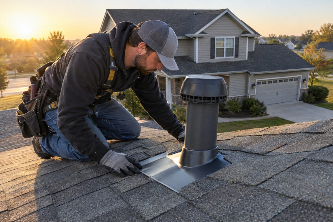 A close view of a roofer checking flashing around a roof vent on an asphalt-shingled Hiawatha home in Hiawatha, IA