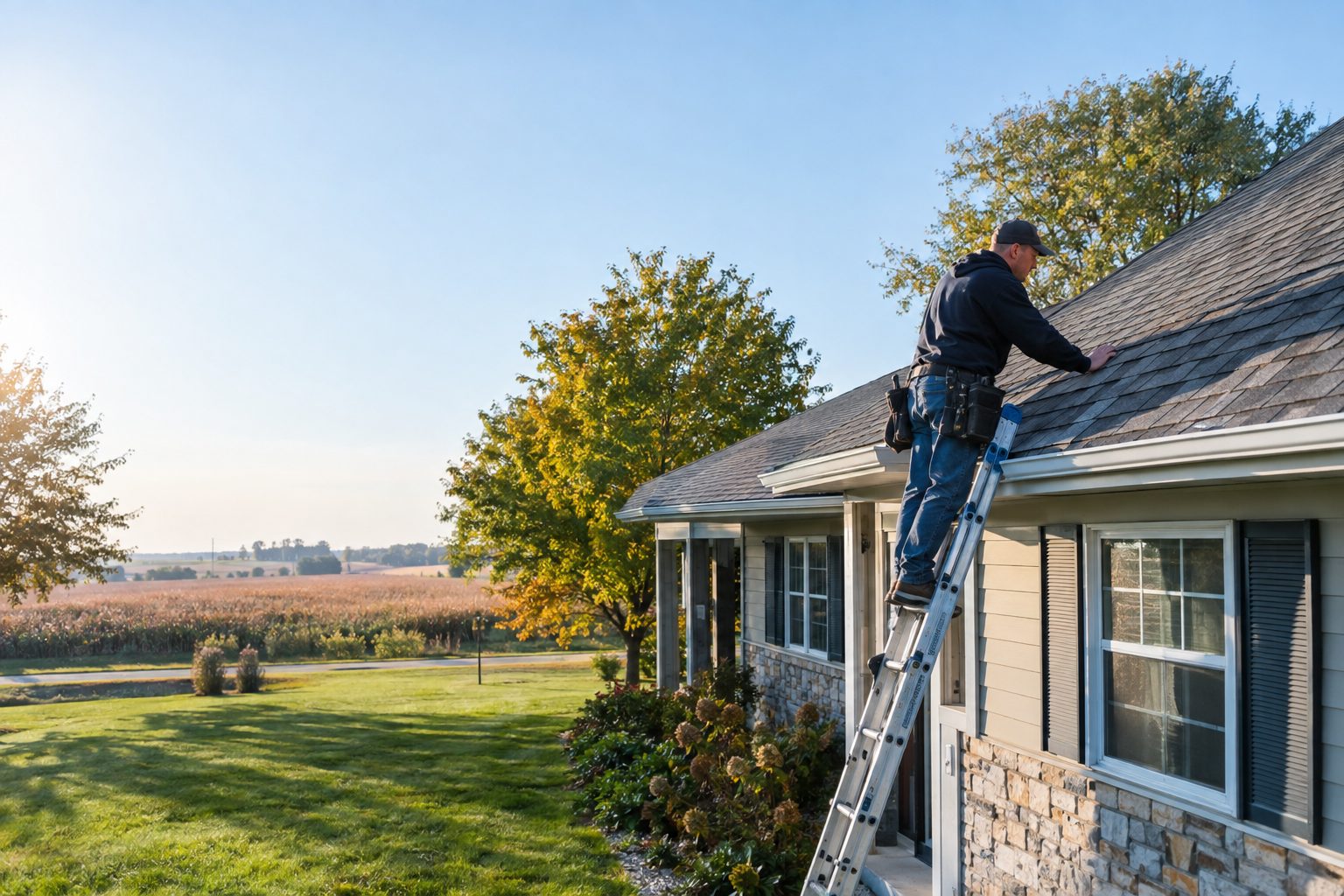 A roofing contractor inspects shingles from a ladder beside a small-town ranch home in Urbana on a clear day in Urbana, IA